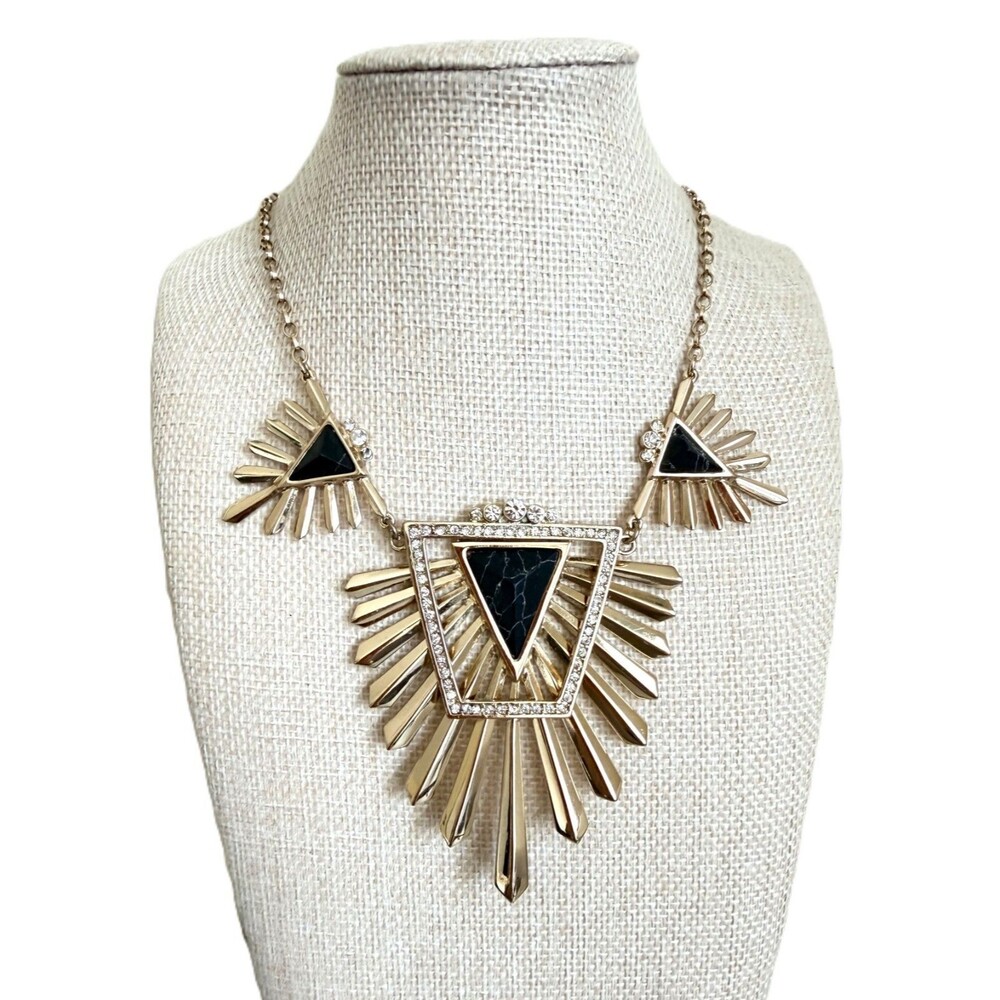 Gold Tone Black Faux Marble Sunburst Triangle Geometric Statement Bib Necklace